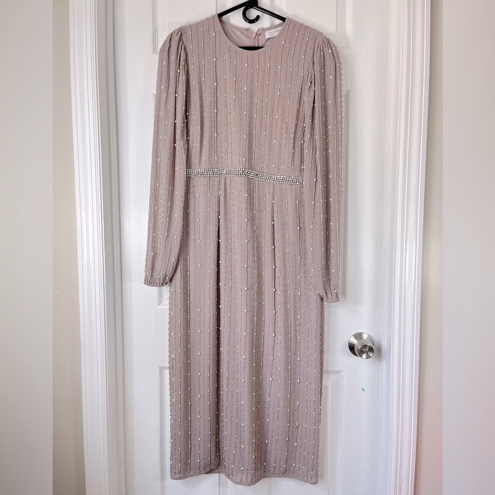 Mac Duggal Embellished Long Sleeve Beaded Midi Dress Lilac 12
